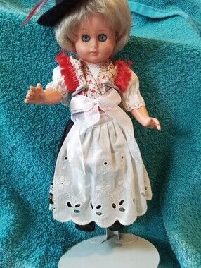 #062 Vintage Style Blonde Girl Doll in White Apron and Red-Trim Dress